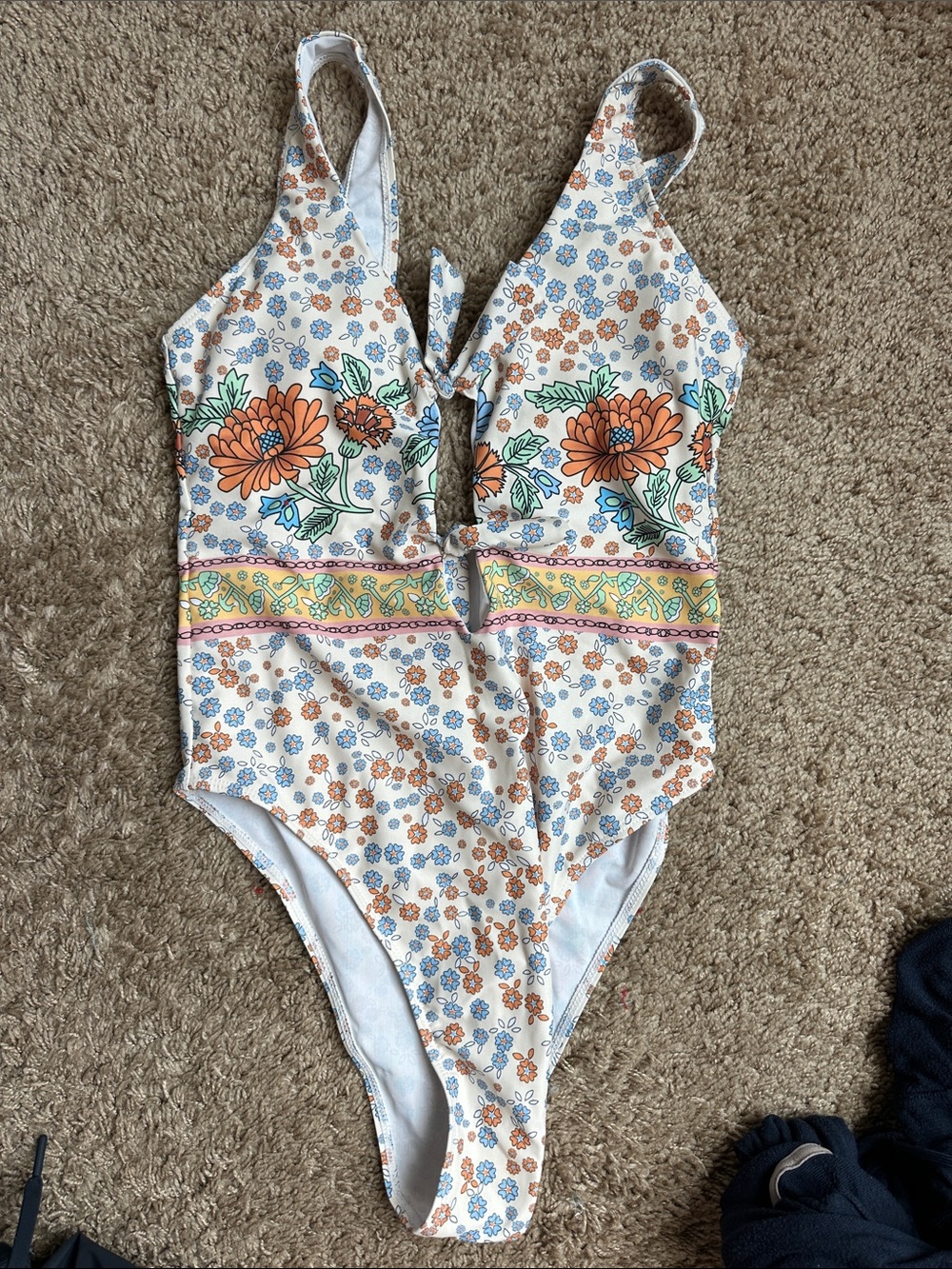 Floral Tie-Front One-Piece Swimsuit in Orange & Blue